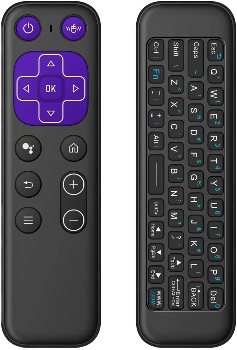 Front and back of the T6 remote: purple navigation buttons on the front and a full QWERTY Bluetooth keyboard on the back.