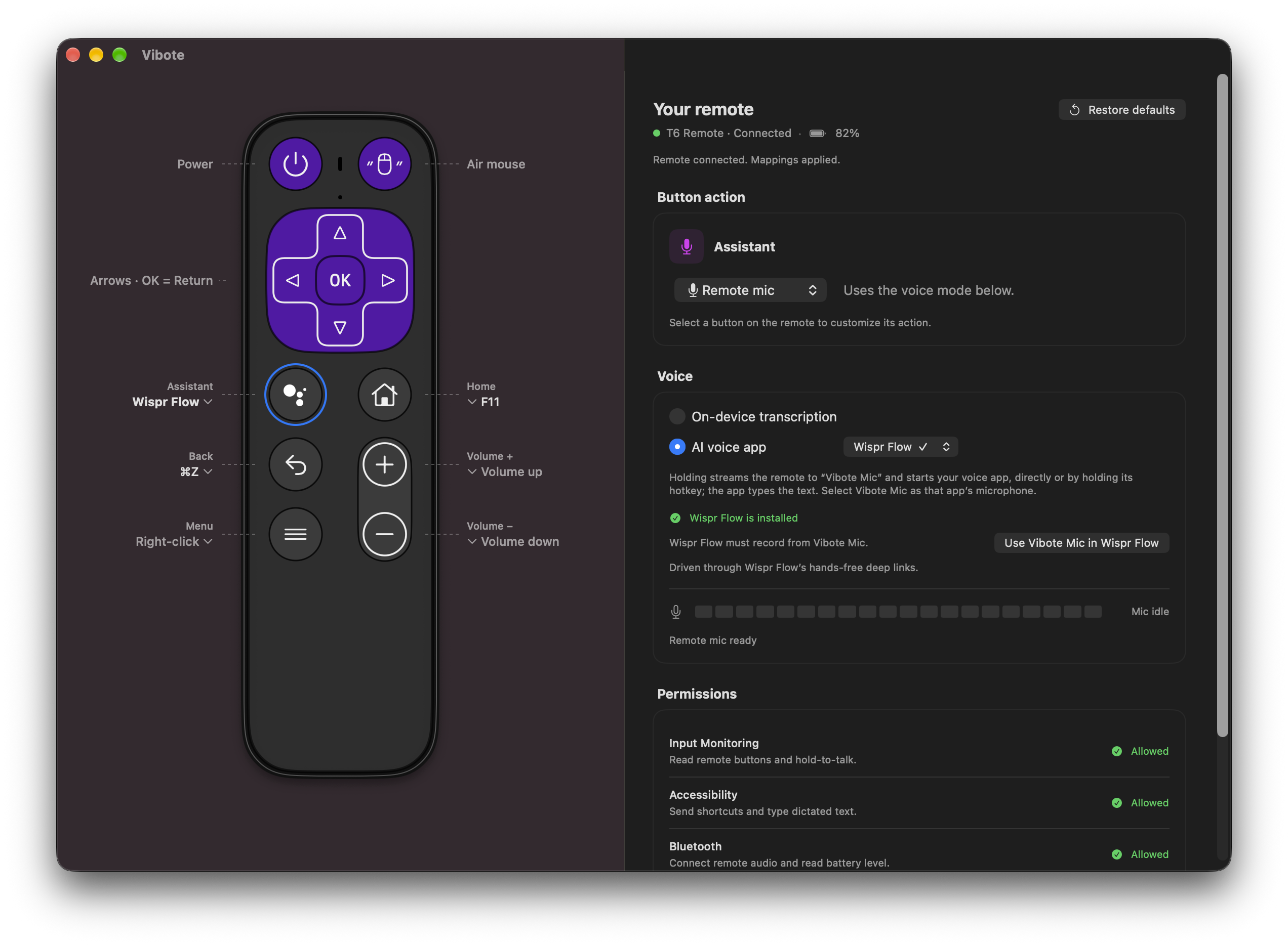 Vibote’s macOS window showing the T6 remote, custom button mappings, Wispr Flow voice settings, battery level, and permission status.